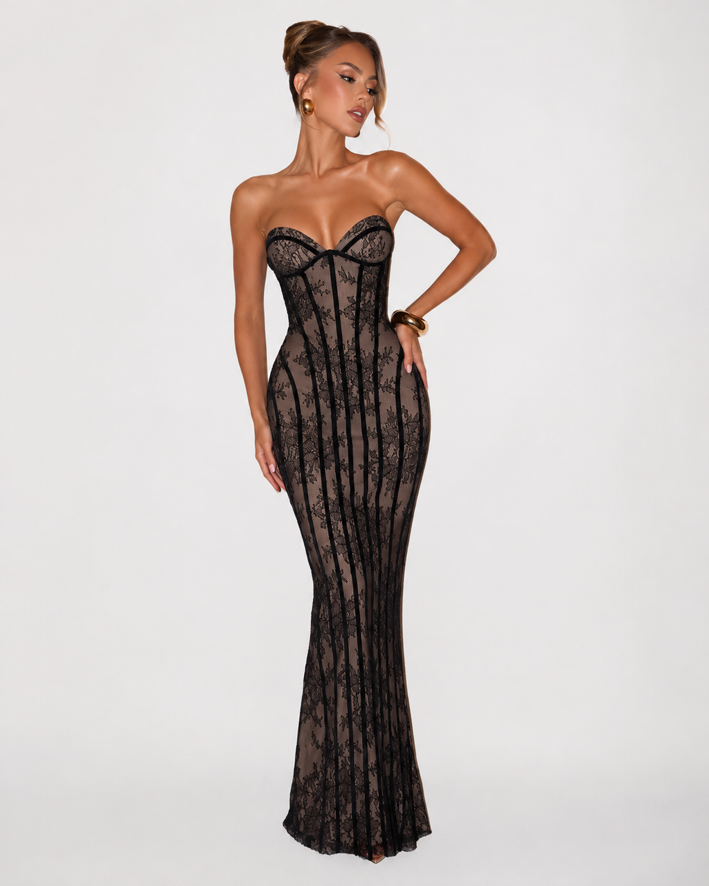 Strapless Lace-Up Back Maxi Dress