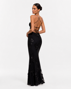 Asymmetric High-Neck Satin Maxi Dress
