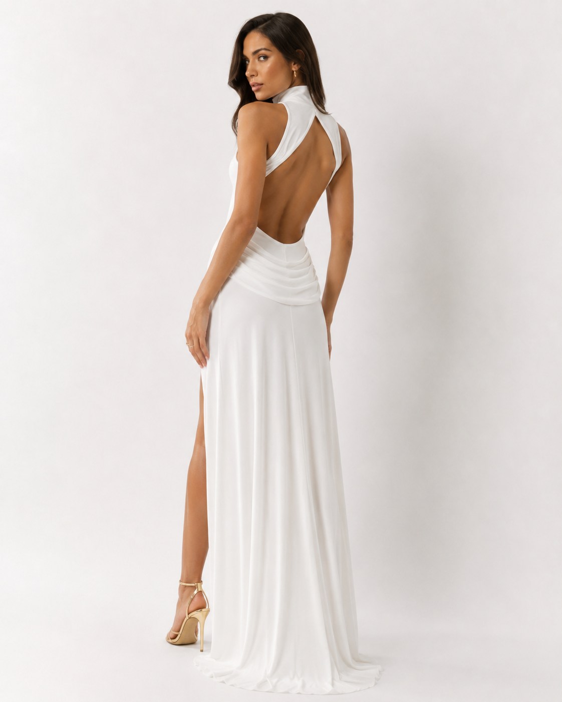 High Neck Draped Split Maxi Dress