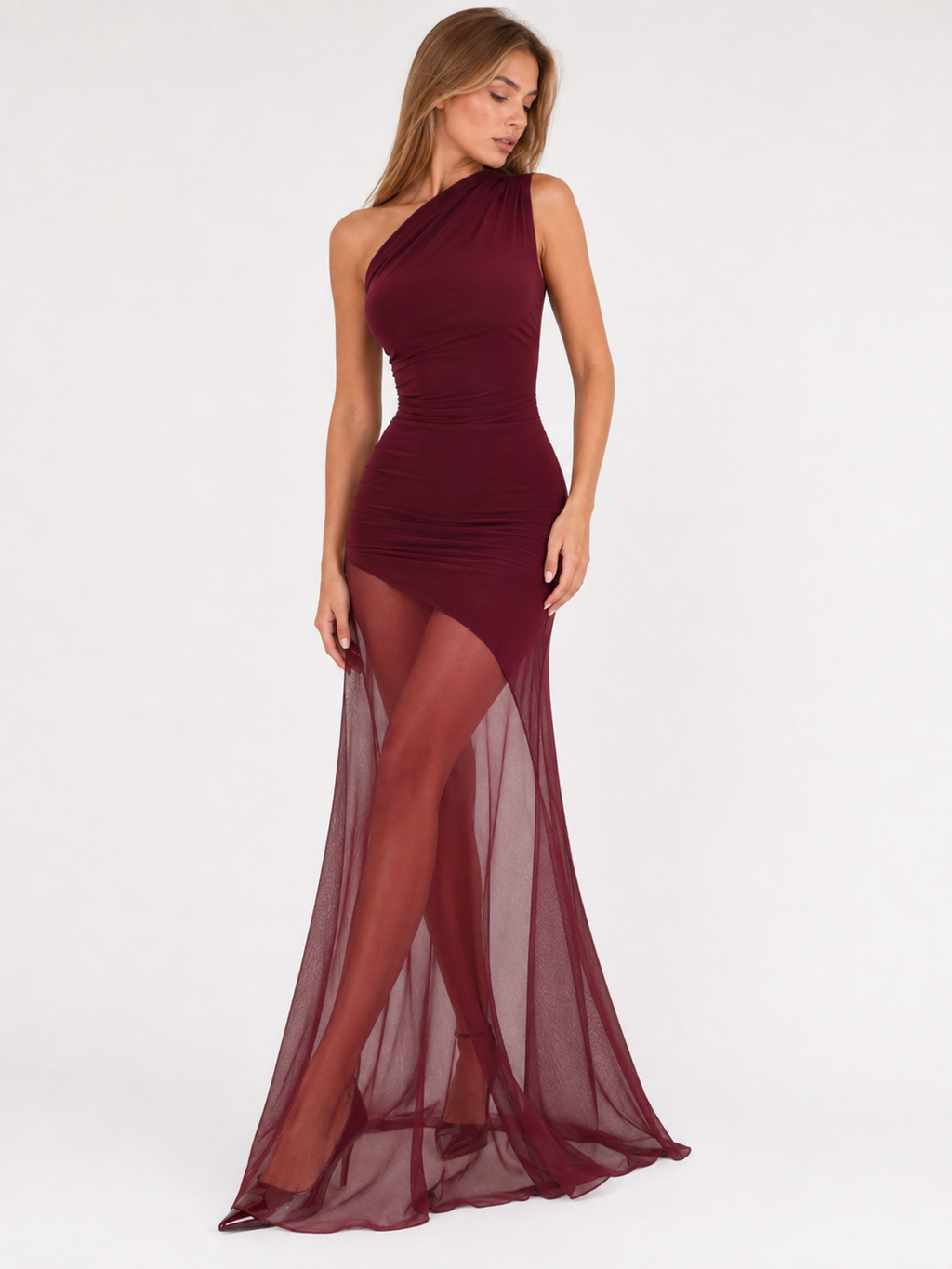 One-Shoulder Sheer Panel Maxi Dress