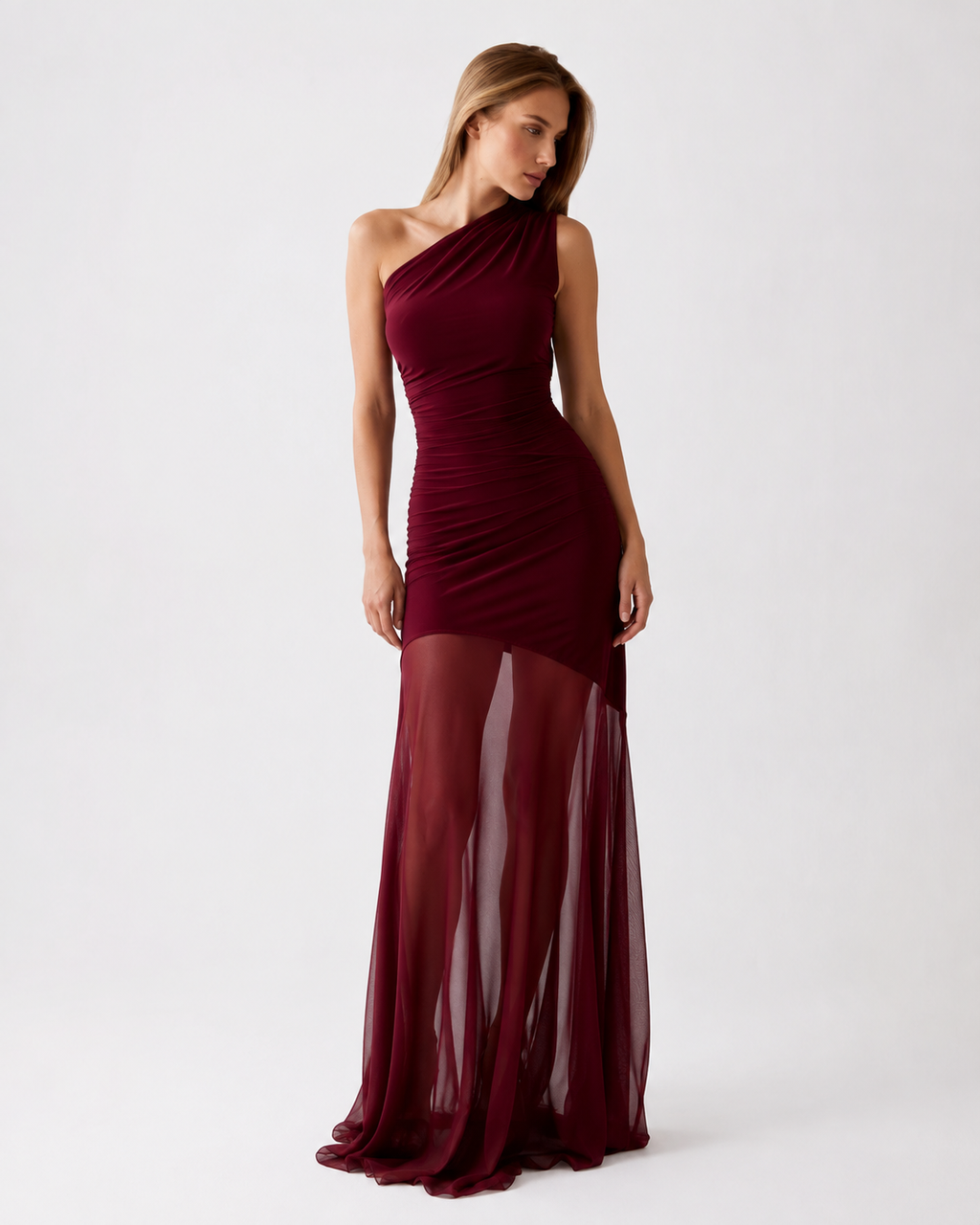 One-Shoulder Sheer Panel Maxi Dress