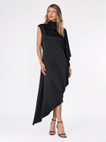 High-Neck Asymmetric Satin Midi Dress