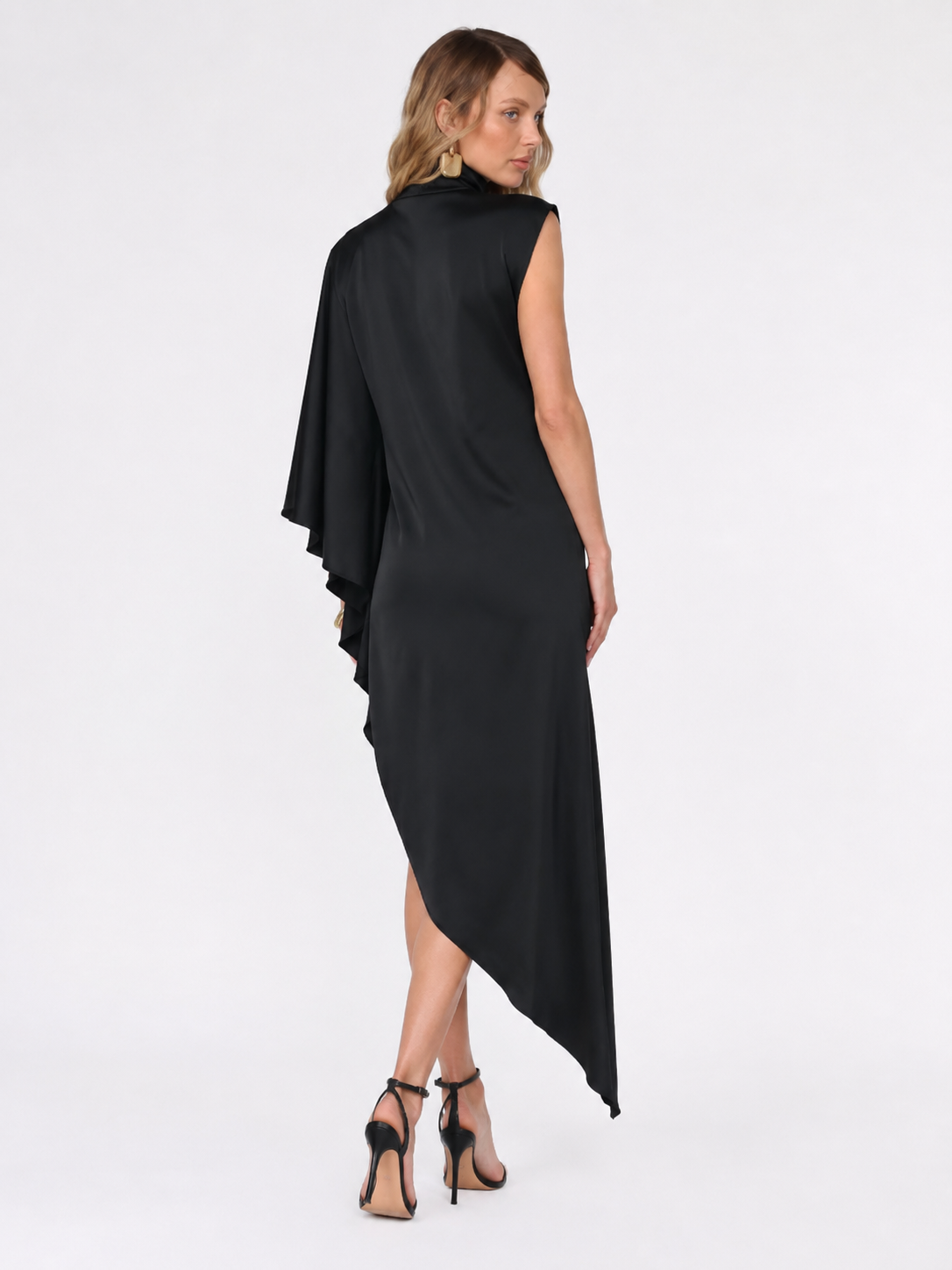 High-Neck Asymmetric Satin Midi Dress