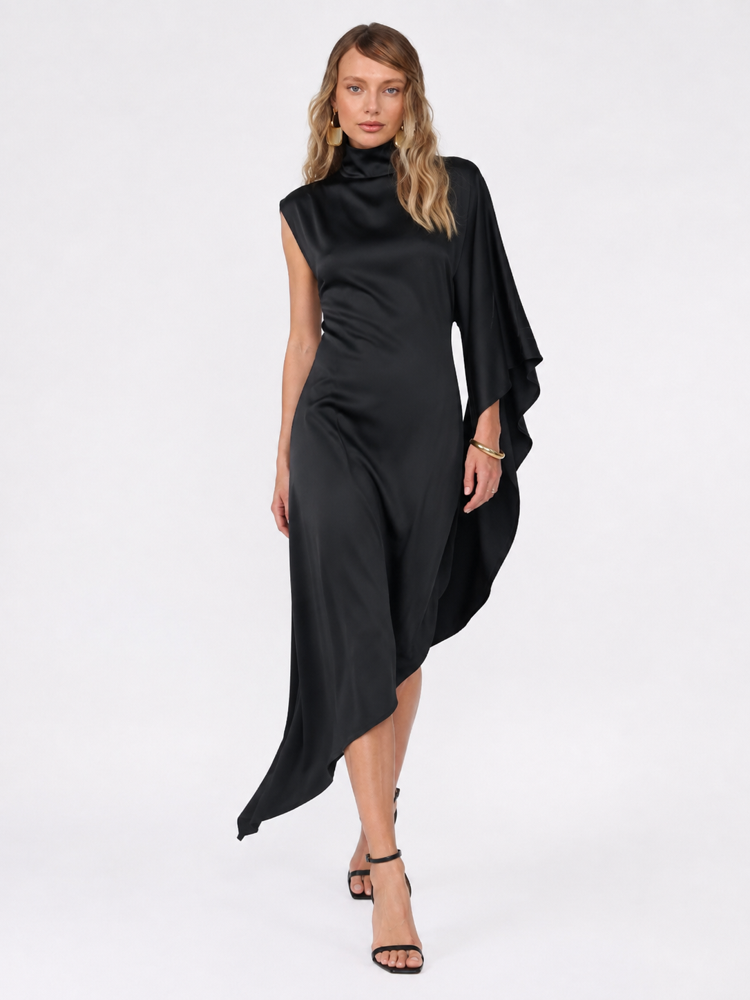 High-Neck Asymmetric Satin Midi Dress