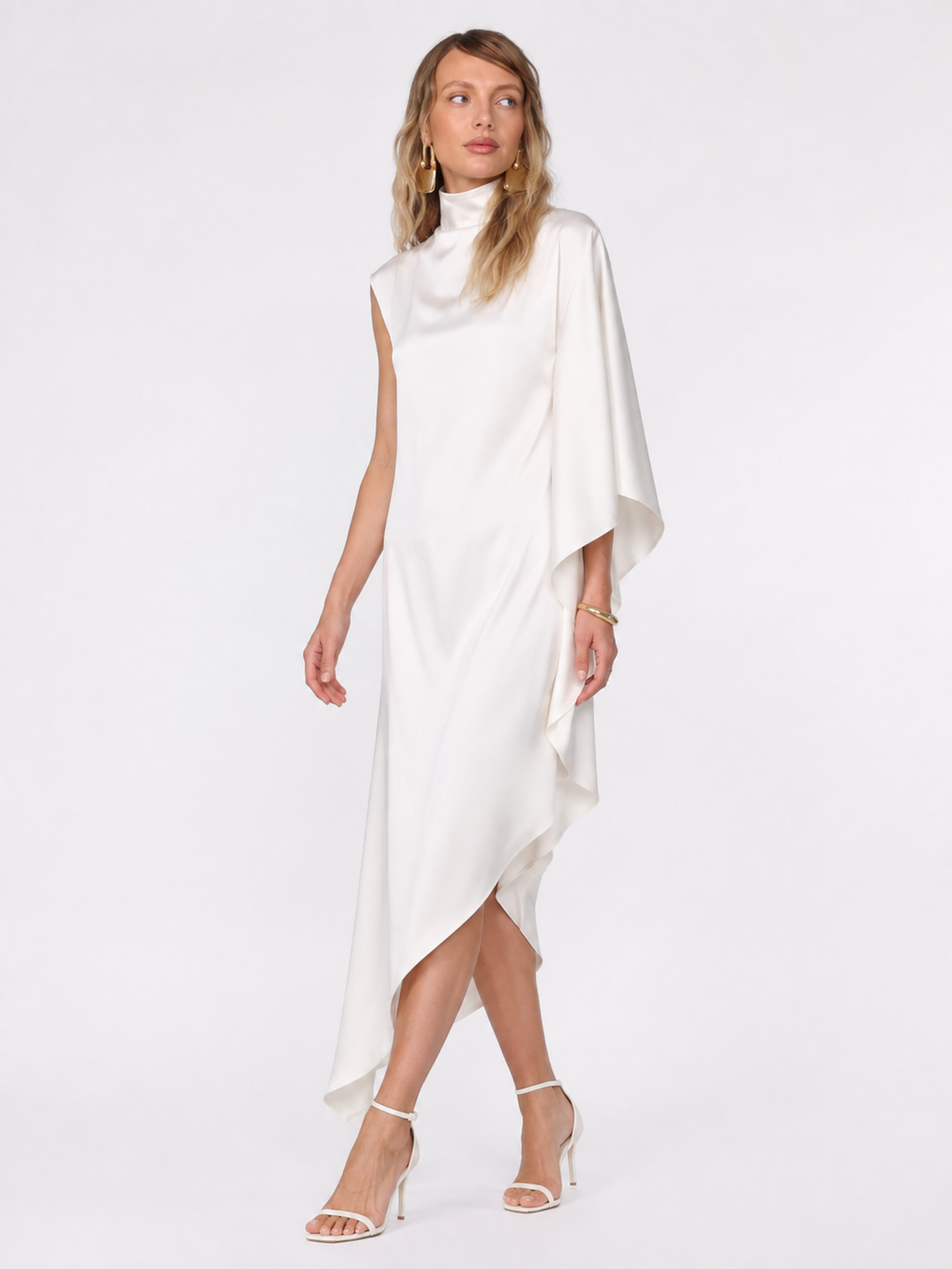 High-Neck Asymmetric Satin Midi Dress