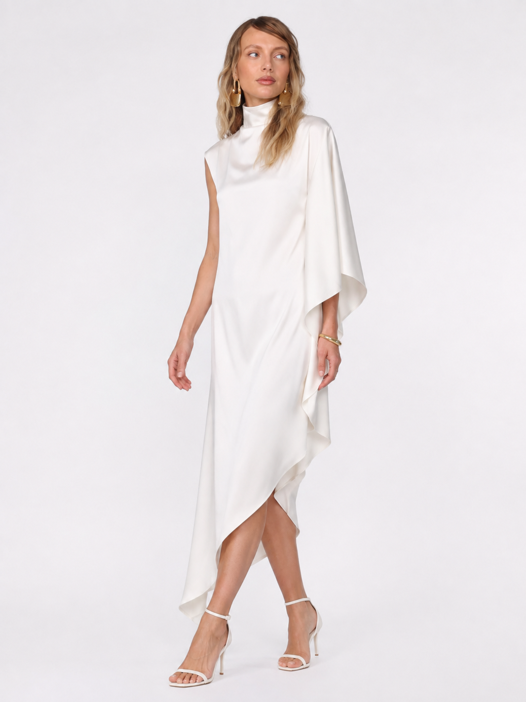 High-Neck Asymmetric Satin Midi Dress