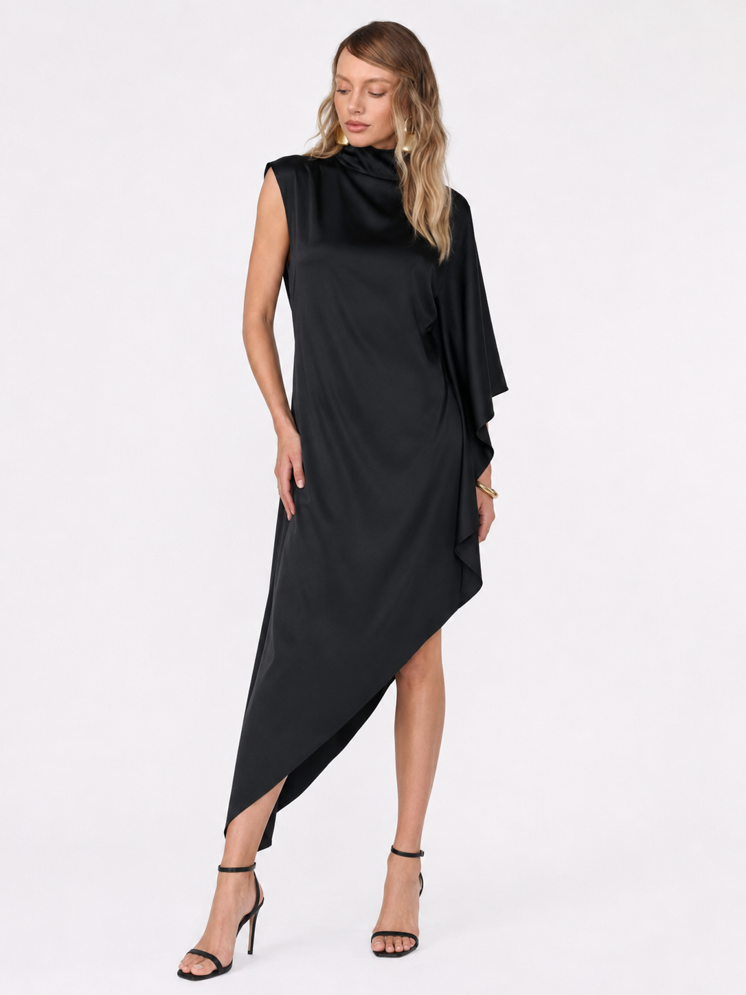 High-Neck Asymmetric Satin Midi Dress