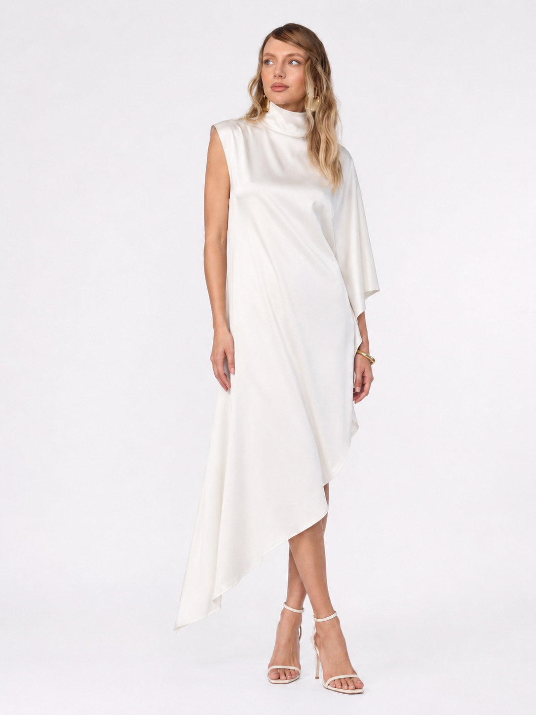 High-Neck Asymmetric Satin Midi Dress