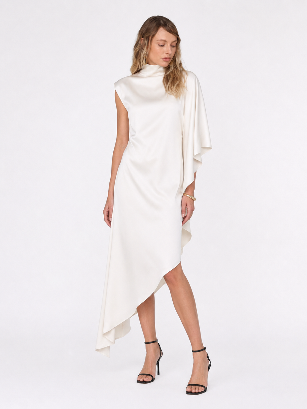 High-Neck Asymmetric Satin Midi Dress