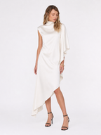 High-Neck Asymmetric Satin Midi Dress