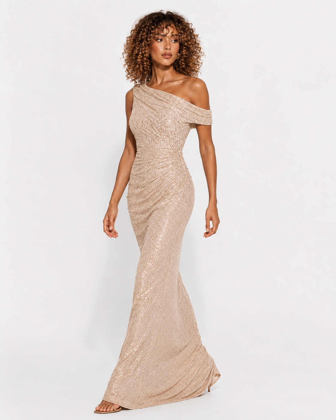 Off-Shoulder Embellished Column Maxi Dress