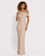 Off-Shoulder Embellished Column Maxi Dress