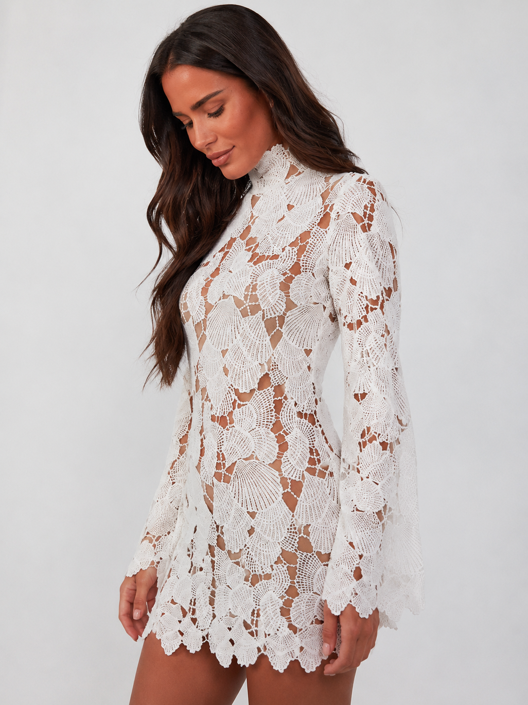 High-Neck Floral Lace Mini Dress