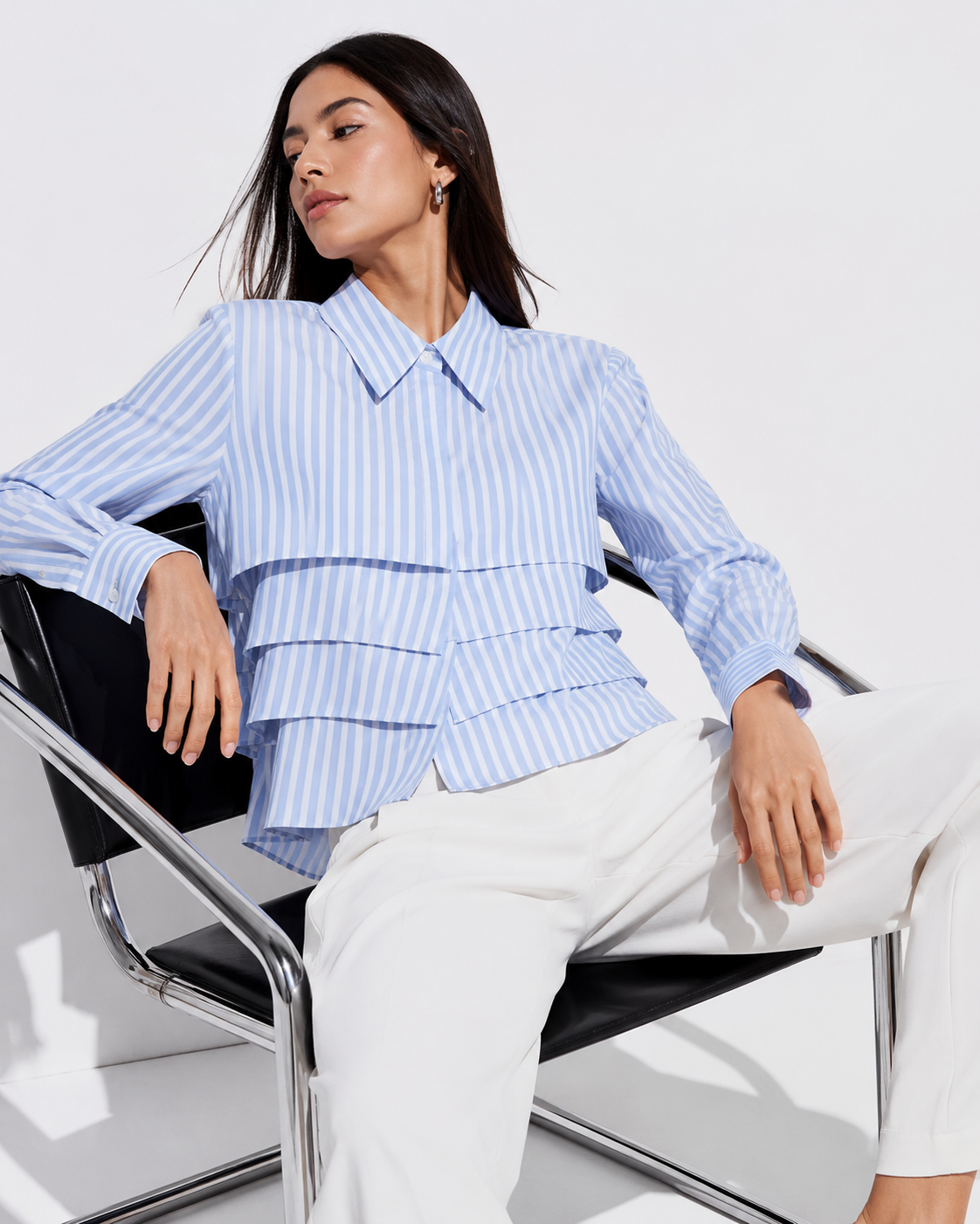 Tiered Ruffle Striped Cotton Shirt