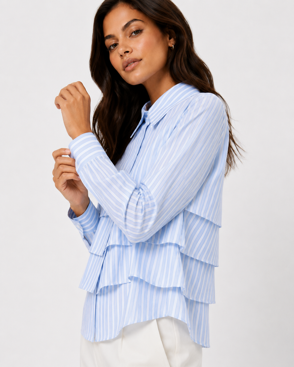 Tiered Ruffle Striped Cotton Shirt