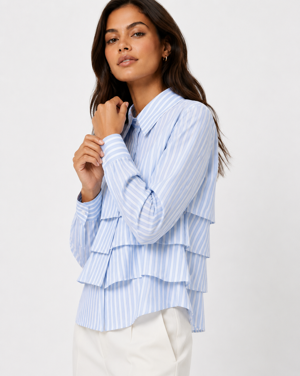 Tiered Ruffle Striped Cotton Shirt
