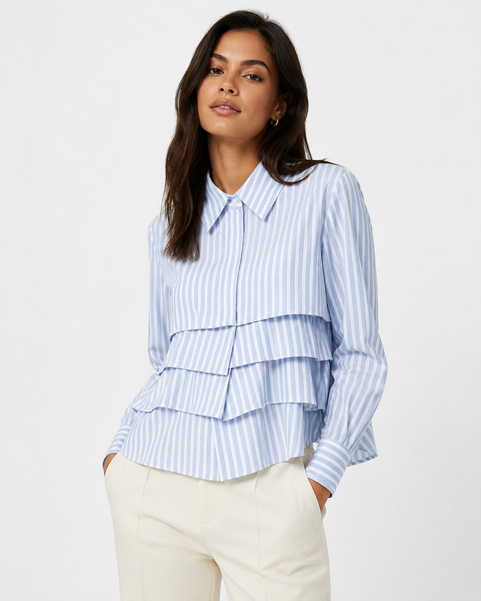Tiered Ruffle Striped Cotton Shirt