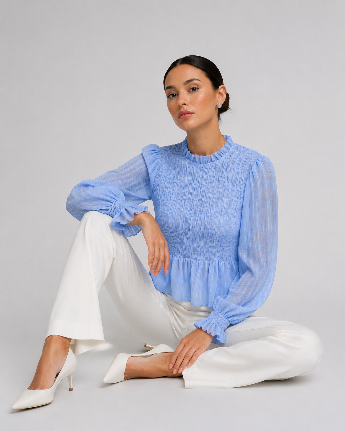 Smocked Balloon-Sleeve Blouse