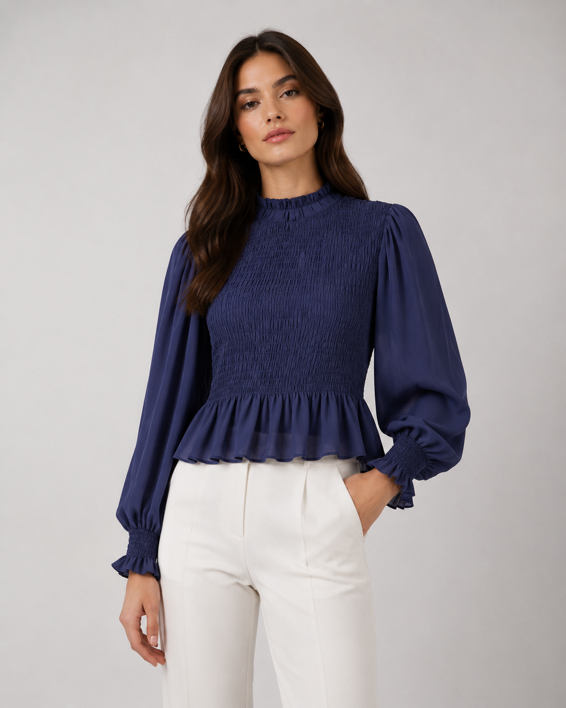 Smocked Balloon-Sleeve Blouse