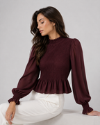 Smocked Balloon-Sleeve Blouse