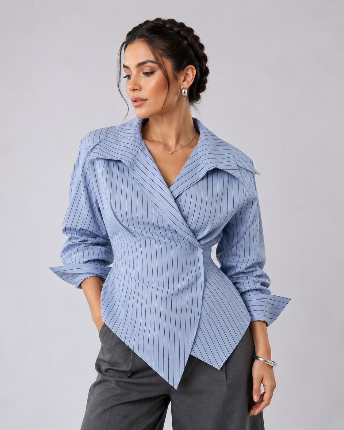 Asymmetric Striped Wrap Shirt