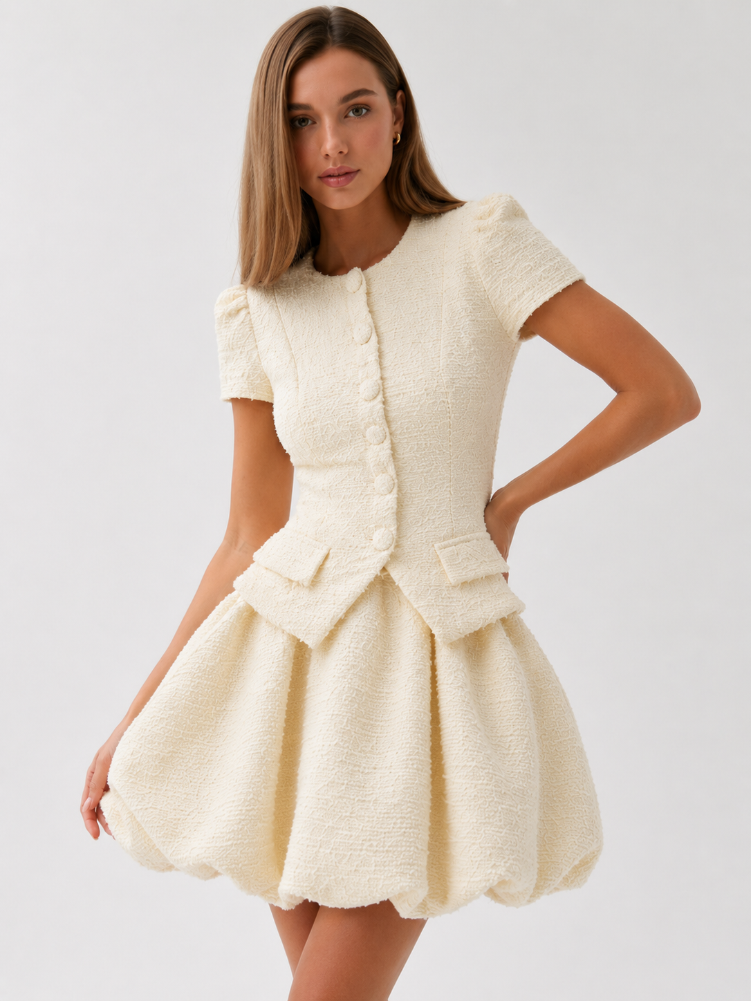 Premium Bouclé Tweed Peplum Mini Dress