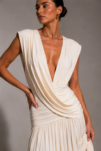 Midi Dress with Front Draping and Slit
