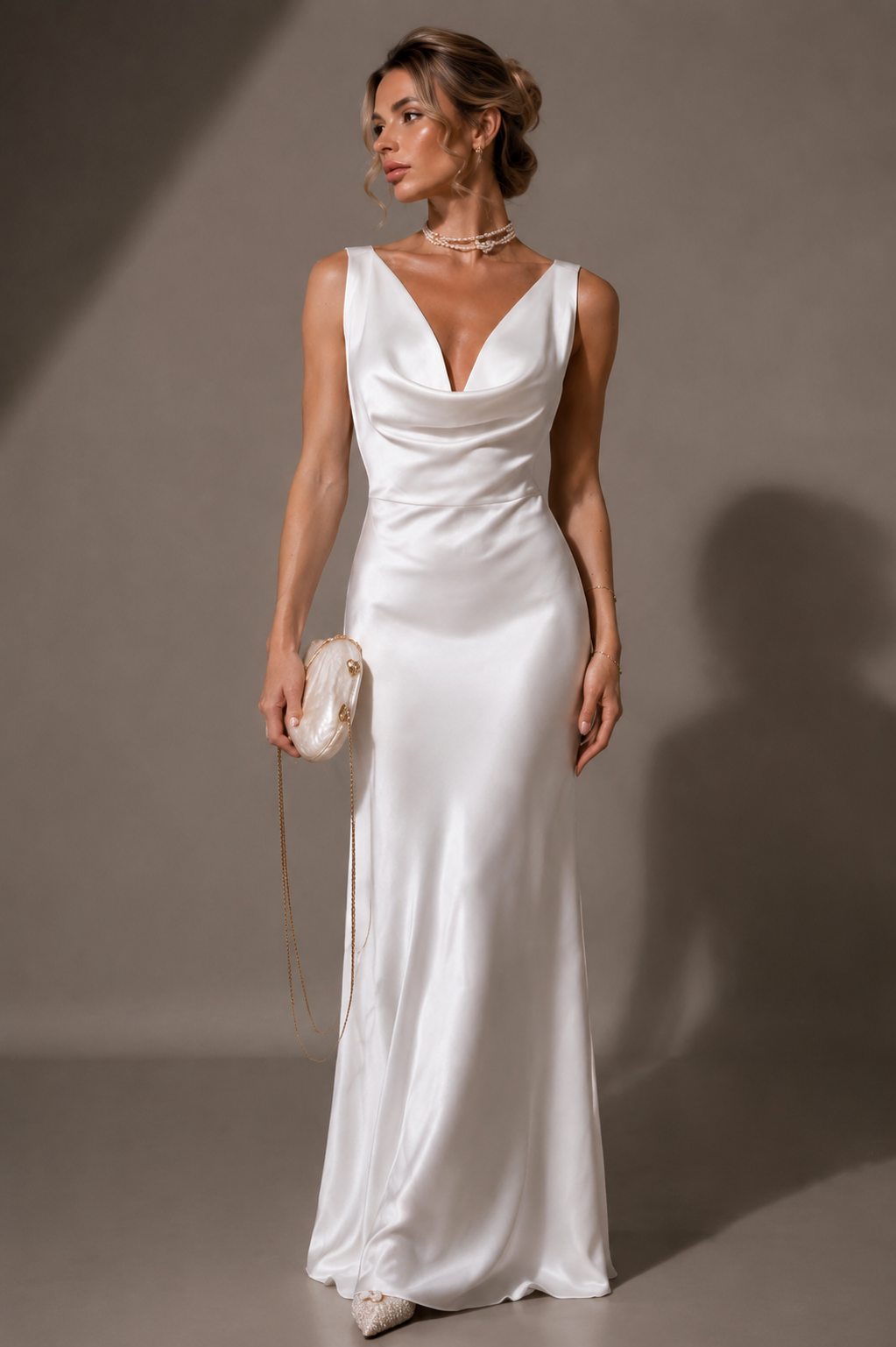 Satin Drape Neck Maxi Dress