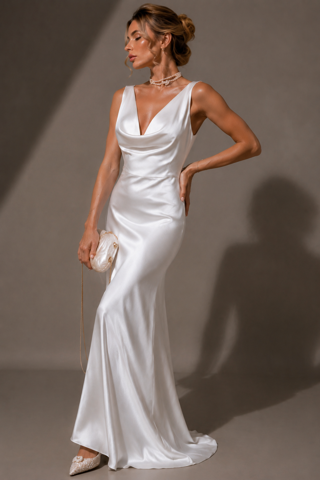 Satin Drape Neck Maxi Dress