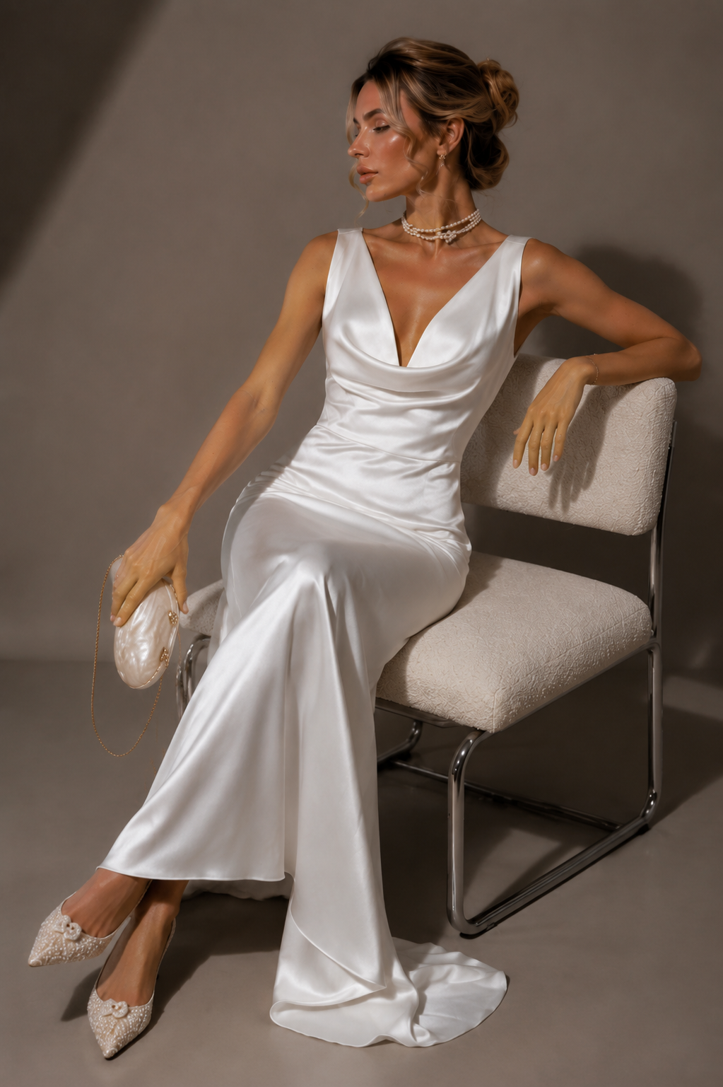 Satin Drape Neck Maxi Dress