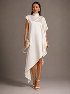 High-Neck Asymmetric Satin Midi Dress