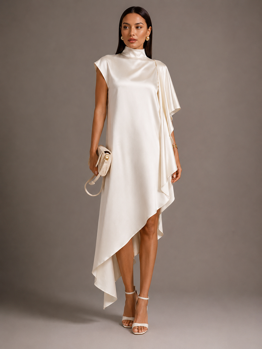 High-Neck Asymmetric Satin Midi Dress