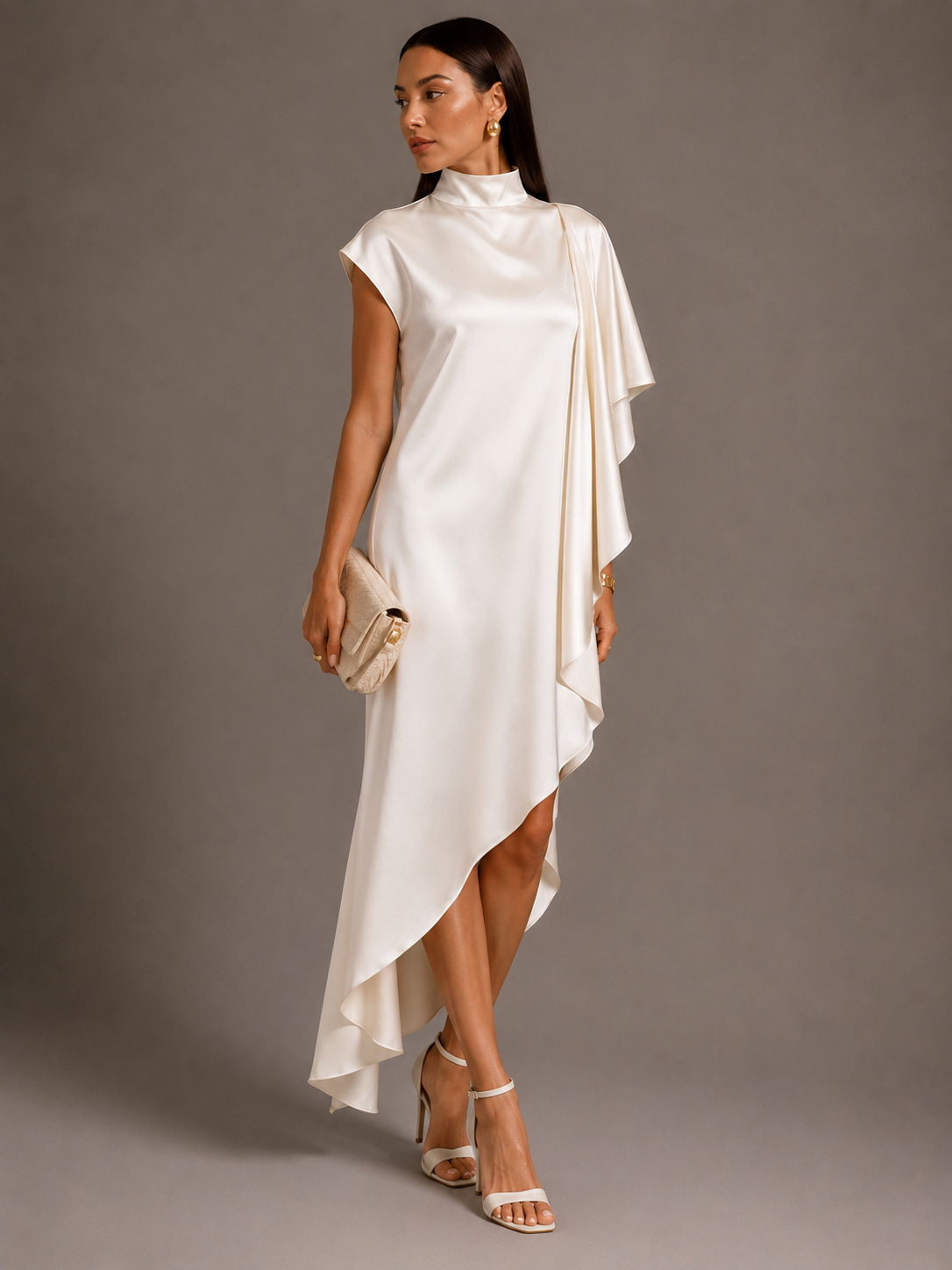 High-Neck Asymmetric Satin Midi Dress