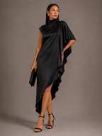 High-Neck Asymmetric Satin Midi Dress