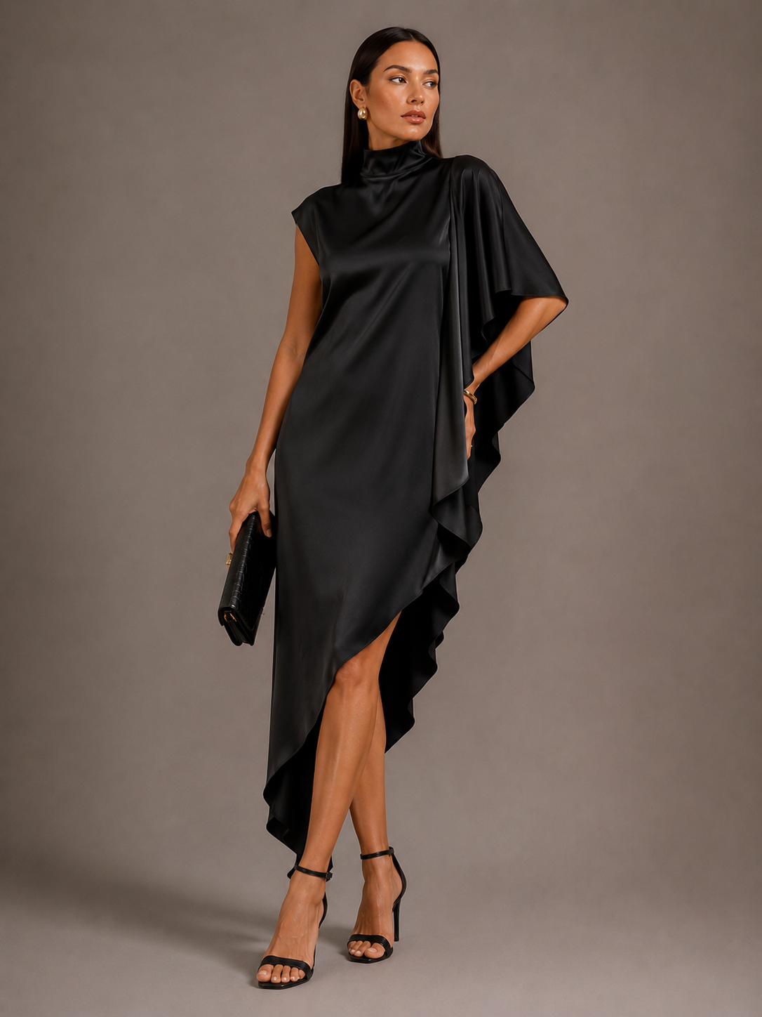 High-Neck Asymmetric Satin Midi Dress