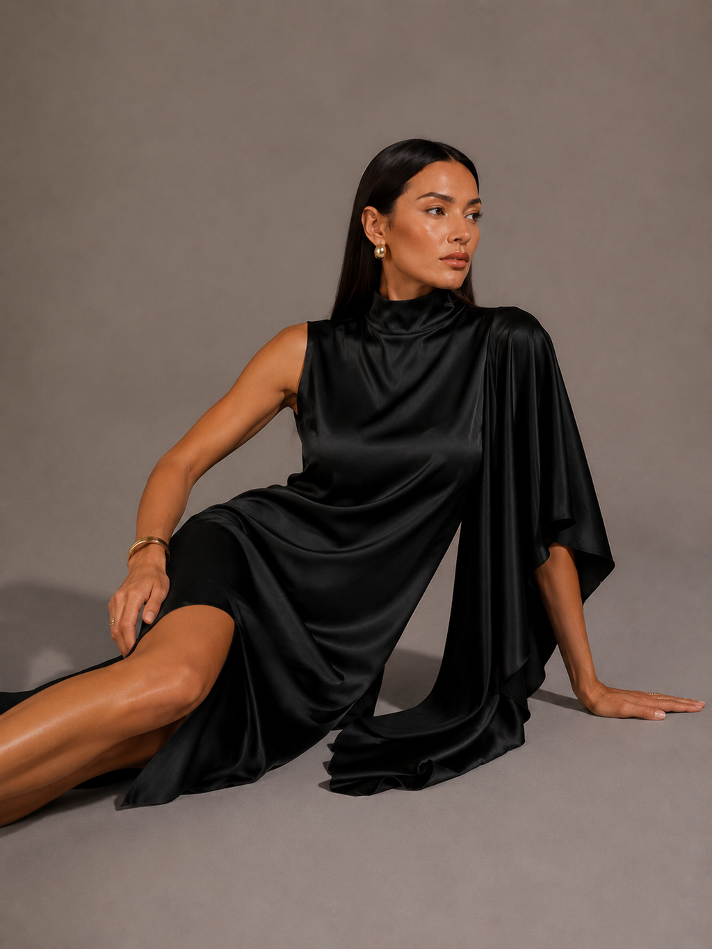 High-Neck Asymmetric Satin Midi Dress