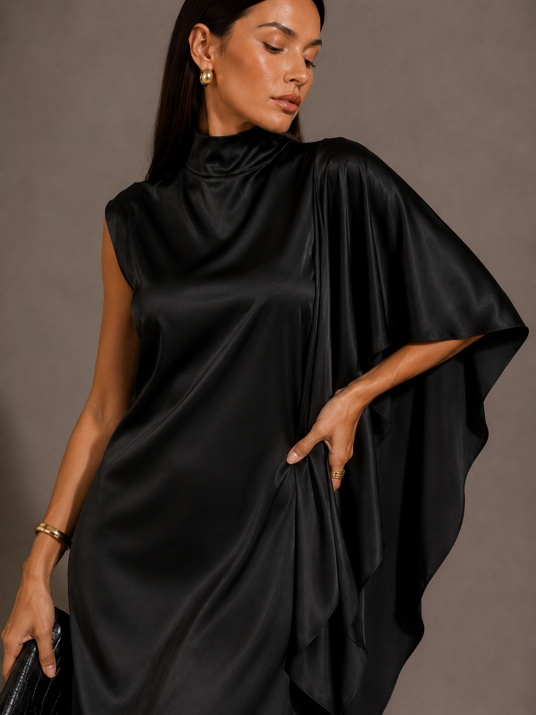 High-Neck Asymmetric Satin Midi Dress