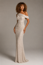 Off-Shoulder Embellished Column Maxi Dress