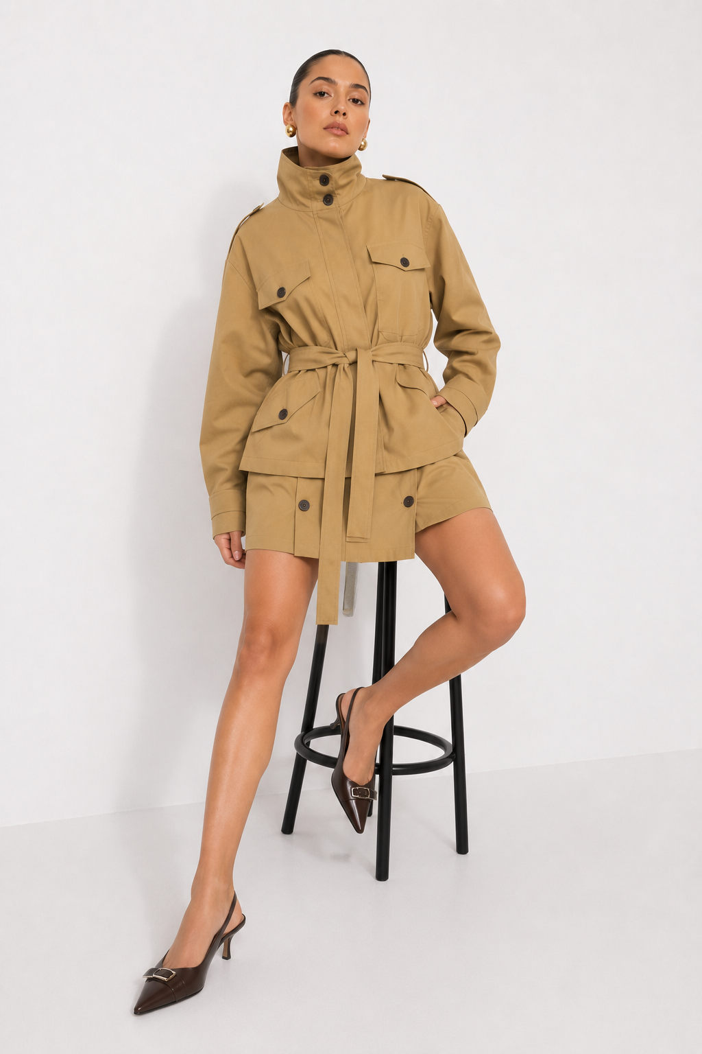 Multi-Pocket Field Jacket and Buttoned Mini Skirt Co-ord