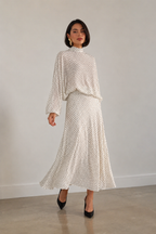 Polka-Dot High-Neck Blouse and A-Line Maxi Skirt Set