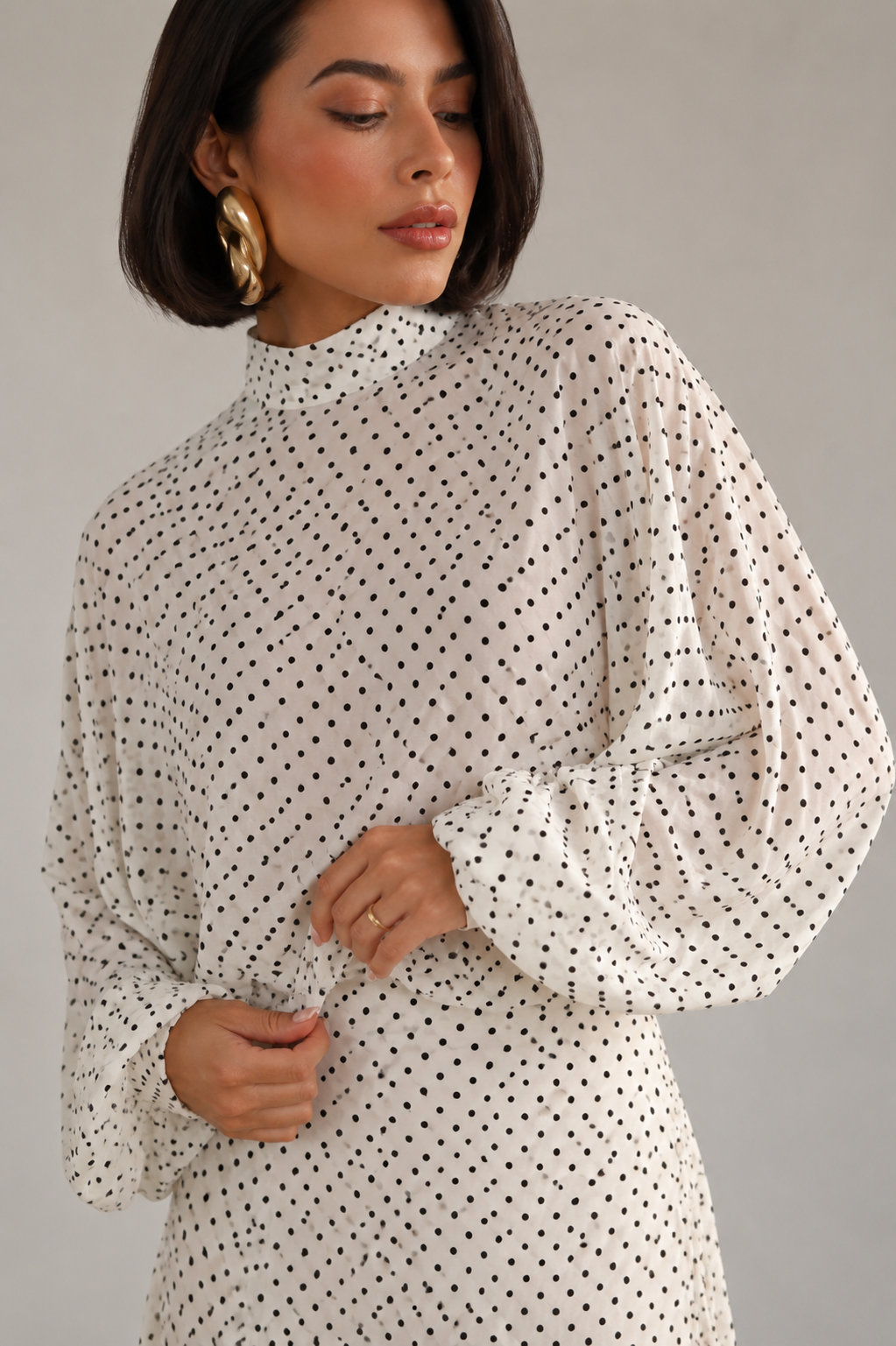 Polka-Dot High-Neck Blouse and A-Line Maxi Skirt Set