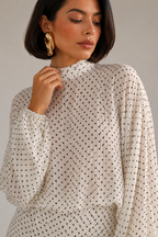Polka-Dot High-Neck Blouse and A-Line Maxi Skirt Set