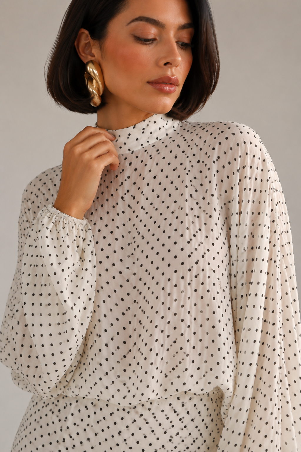 Polka-Dot High-Neck Blouse and A-Line Maxi Skirt Set