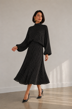 Polka-Dot High-Neck Blouse and A-Line Maxi Skirt Set
