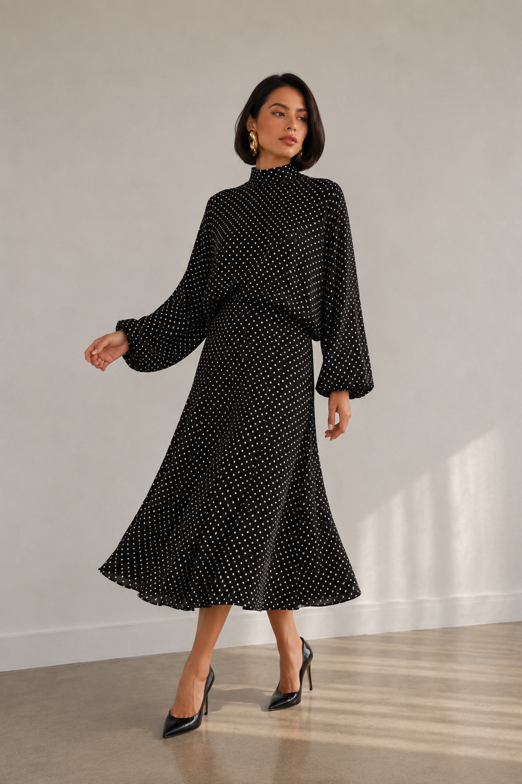 Polka-Dot High-Neck Blouse and A-Line Maxi Skirt Set