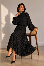 Polka-Dot High-Neck Blouse and A-Line Maxi Skirt Set