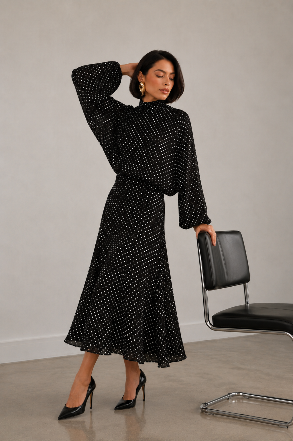 Polka-Dot High-Neck Blouse and A-Line Maxi Skirt Set