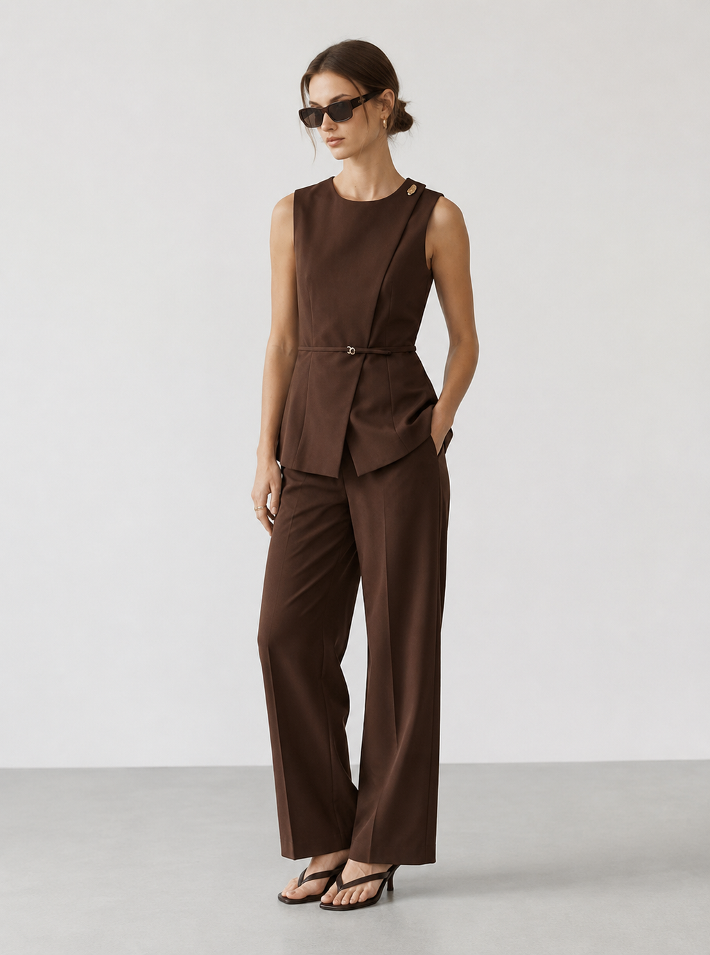 Sleeveless Asymmetric Peplum Top and Wide-Leg Trouser Set