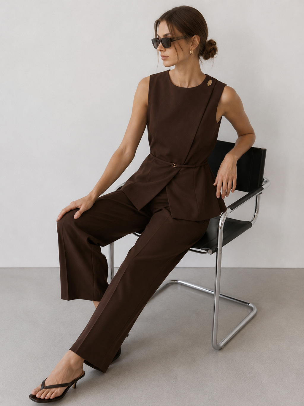 Sleeveless Asymmetric Peplum Top and Wide-Leg Trouser Set