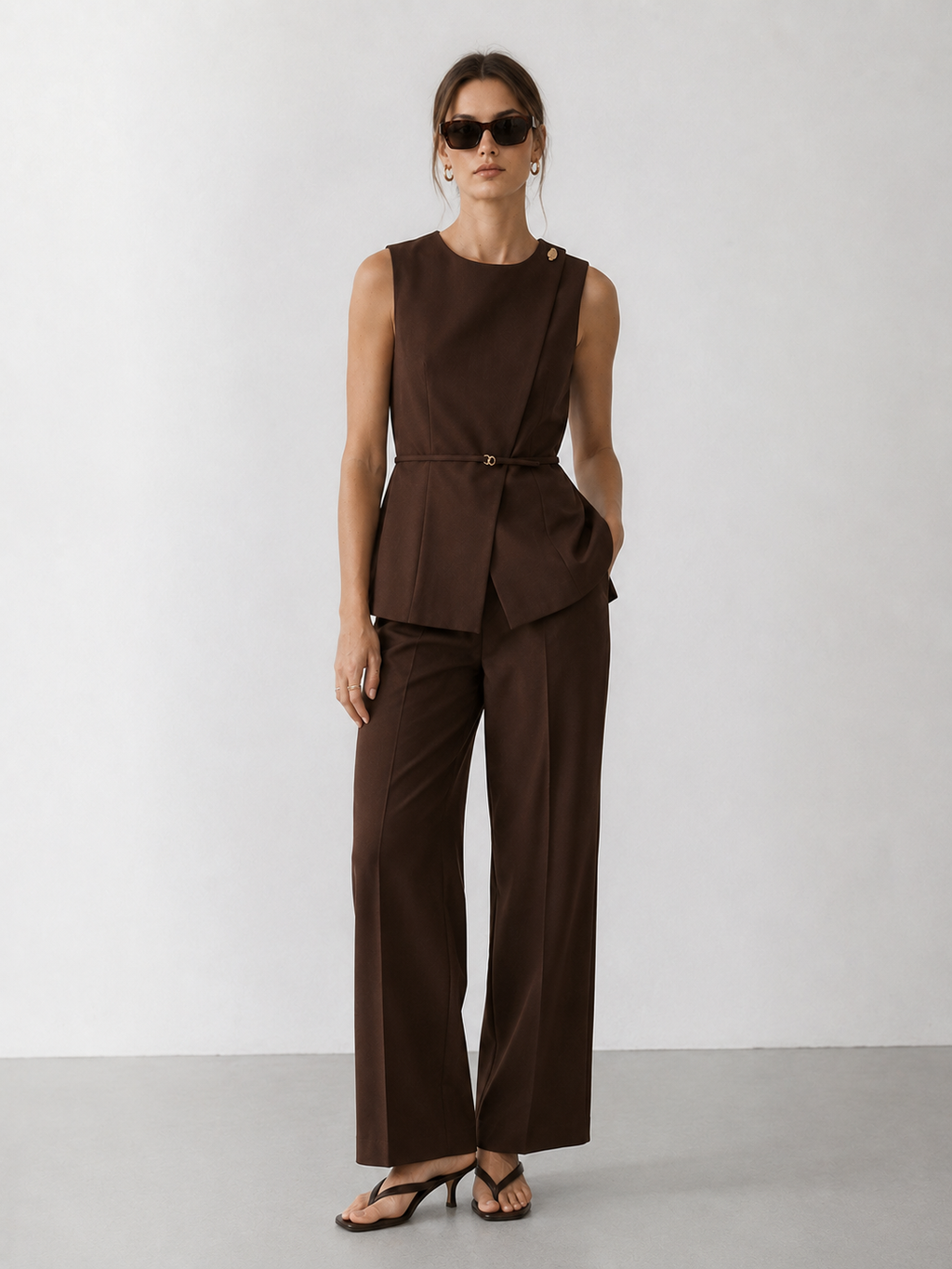 Sleeveless Asymmetric Peplum Top and Wide-Leg Trouser Set